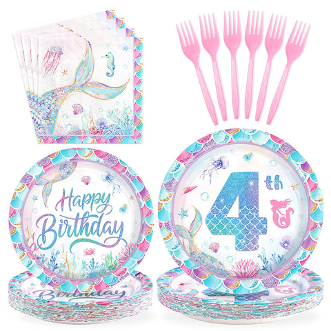 96 Pcs Mermaid 4th Birthday Party Plates and Napkins - Grencian