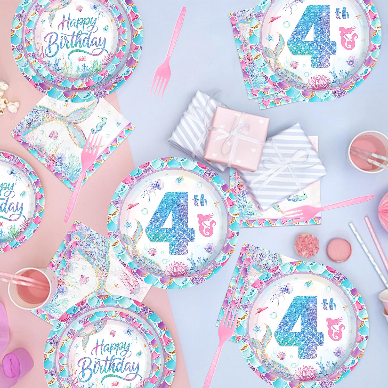 96 Pcs Mermaid 4th Birthday Party Plates and Napkins - Grencian