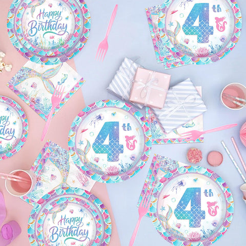 96 Pcs Mermaid 4th Birthday Party Plates and Napkins - Grencian