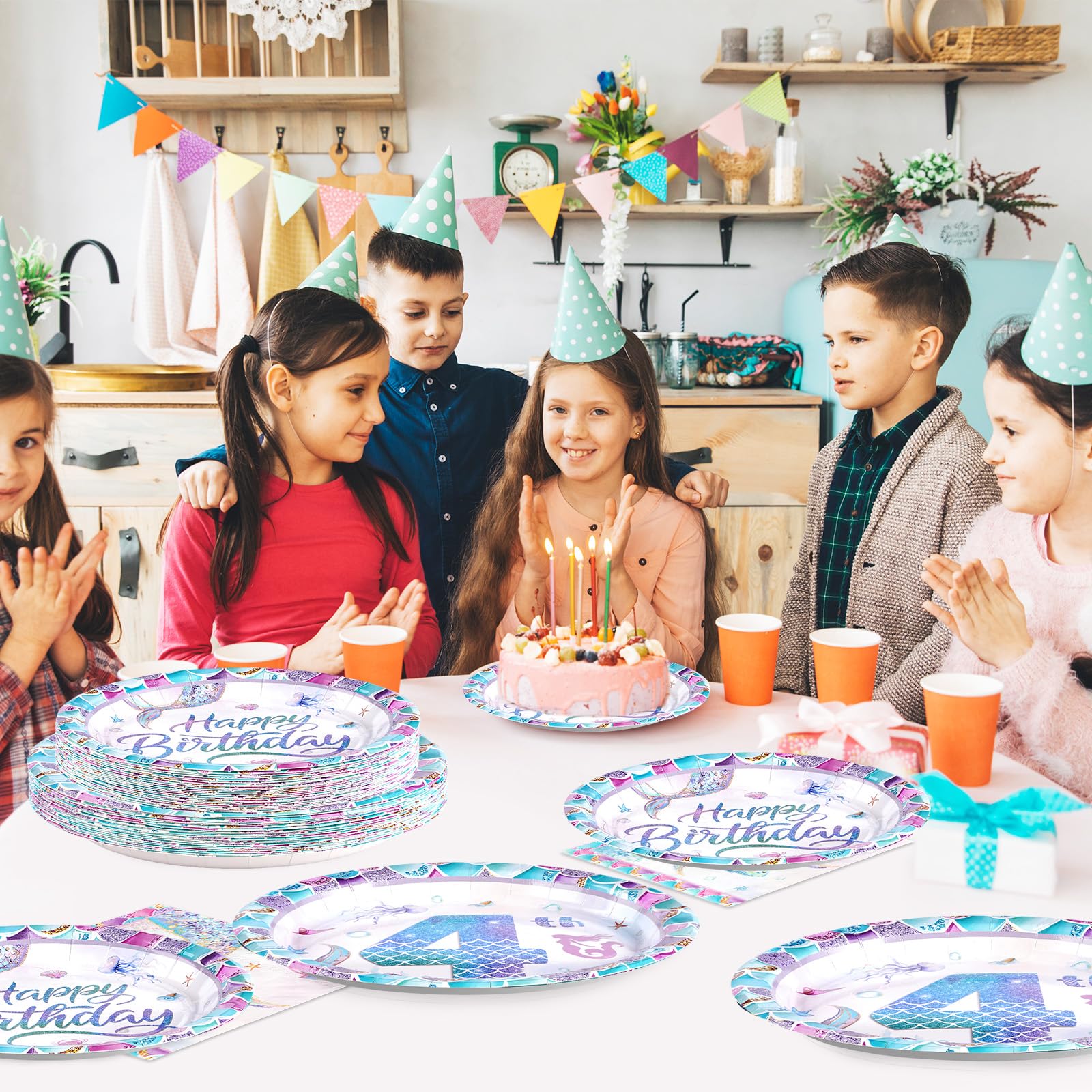 96 Pcs Mermaid 4th Birthday Party Plates and Napkins - Grencian
