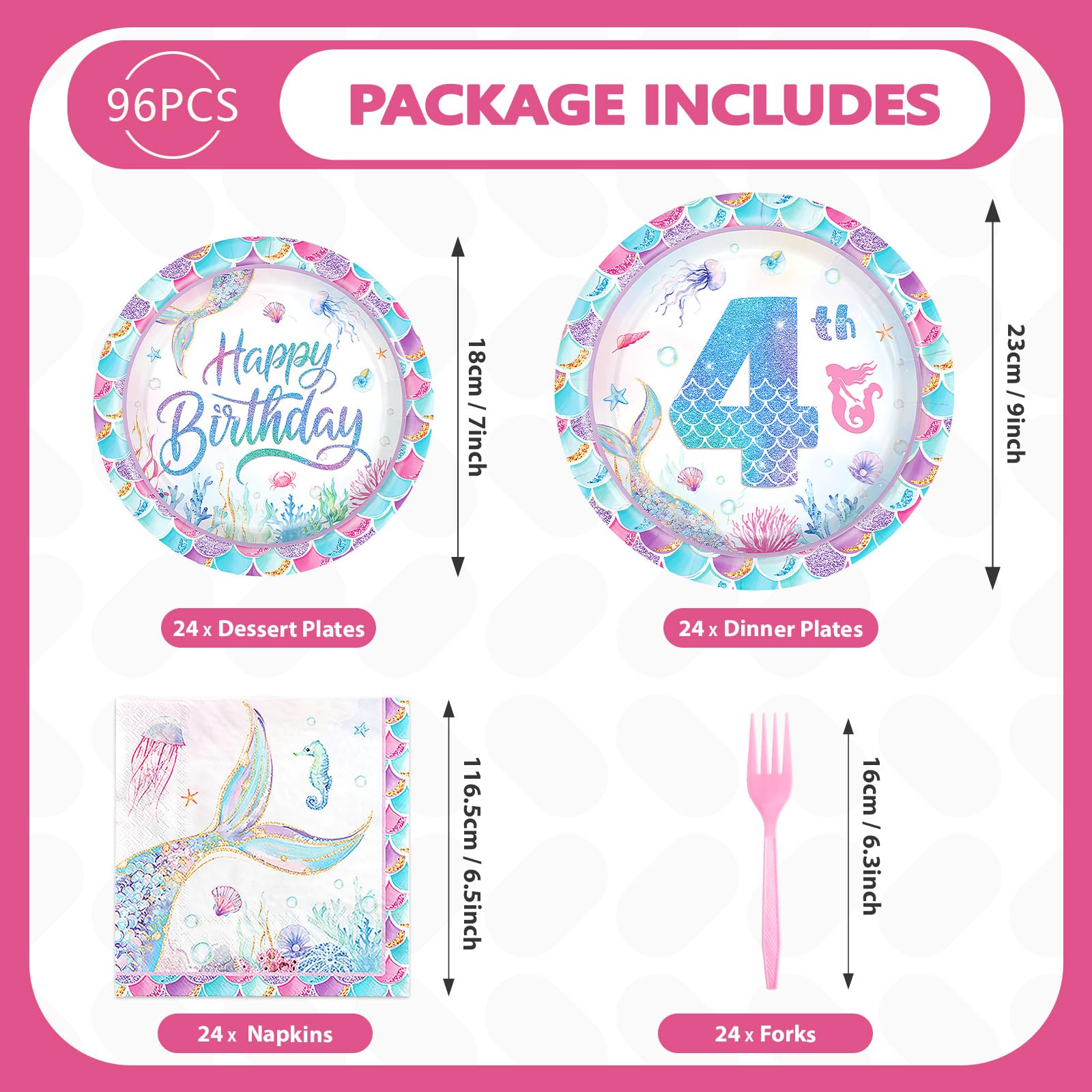 96 Pcs Mermaid 4th Birthday Party Plates and Napkins - Grencian