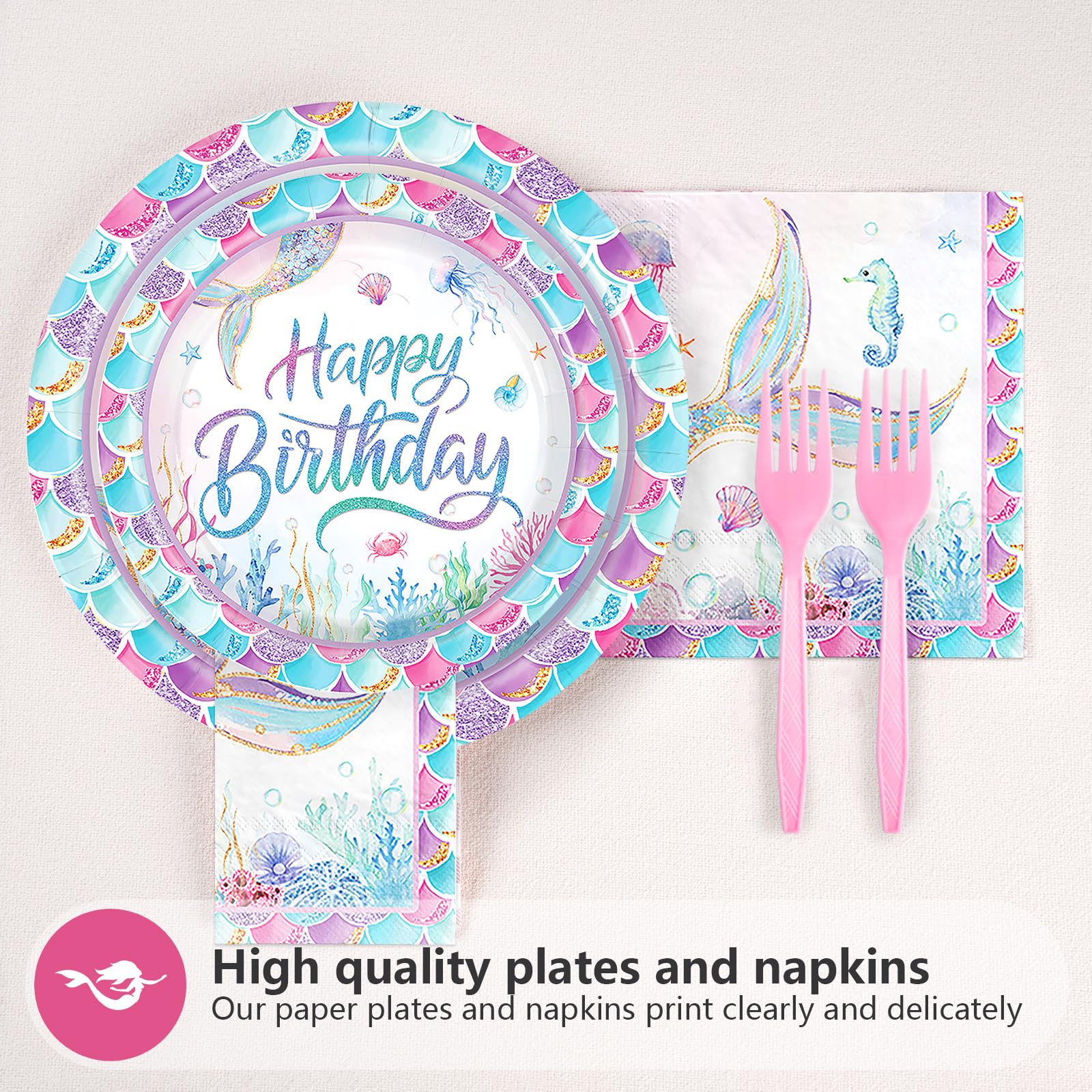 96 Pcs Mermaid 4th Birthday Party Plates and Napkins - Grencian