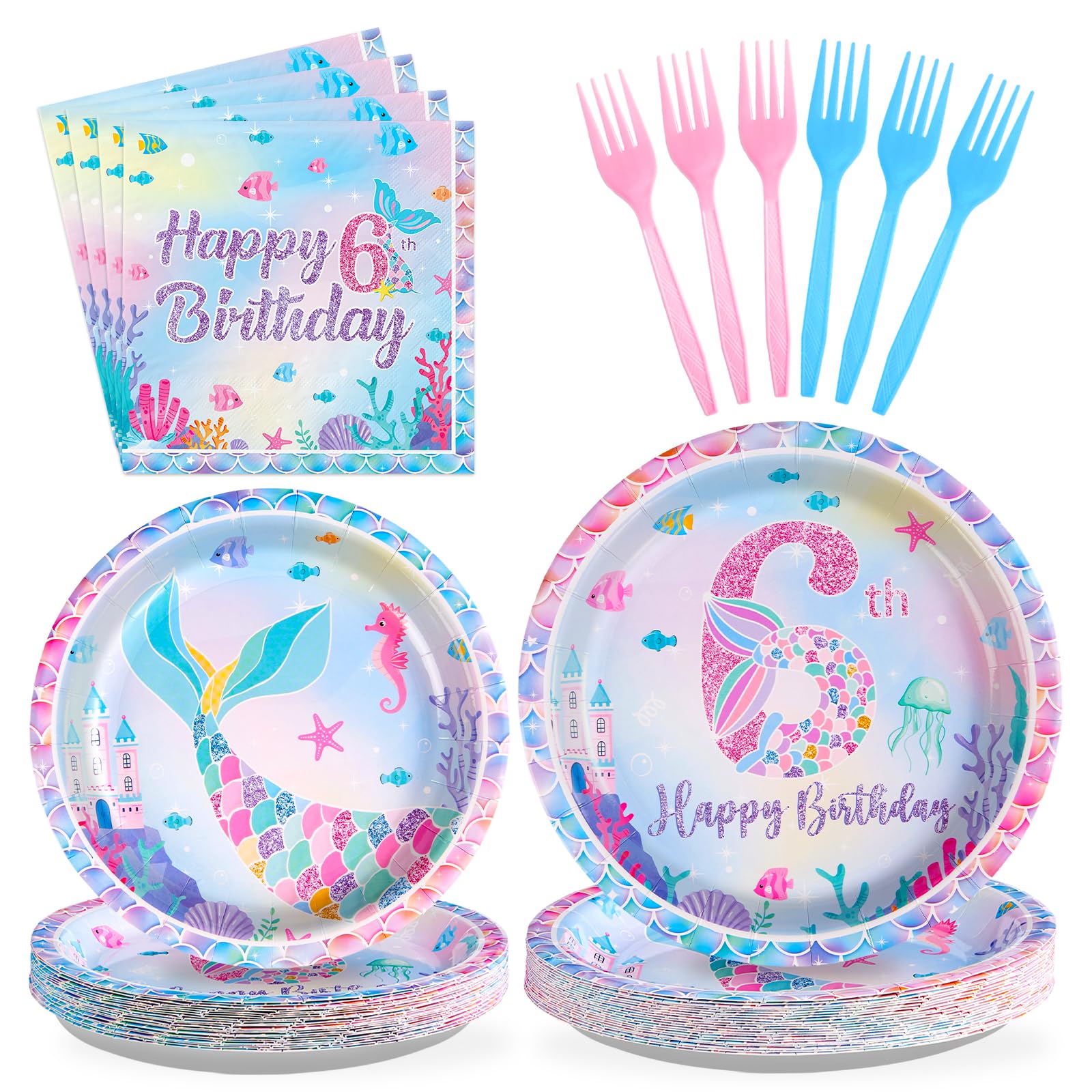 96 Pcs Mermaid 6th Birthday Party Plates and Napkins - Grencian