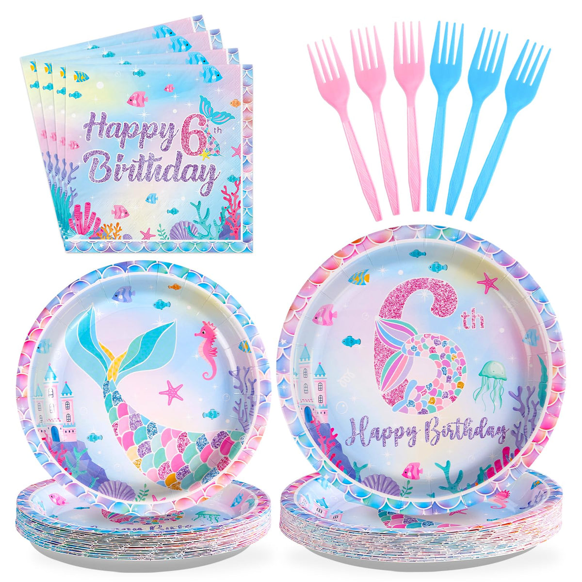 96 Pcs Mermaid 6th Birthday Party Plates and Napkins - Grencian