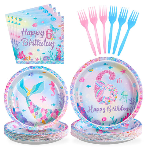 96 Pcs Mermaid 6th Birthday Party Plates and Napkins - Grencian