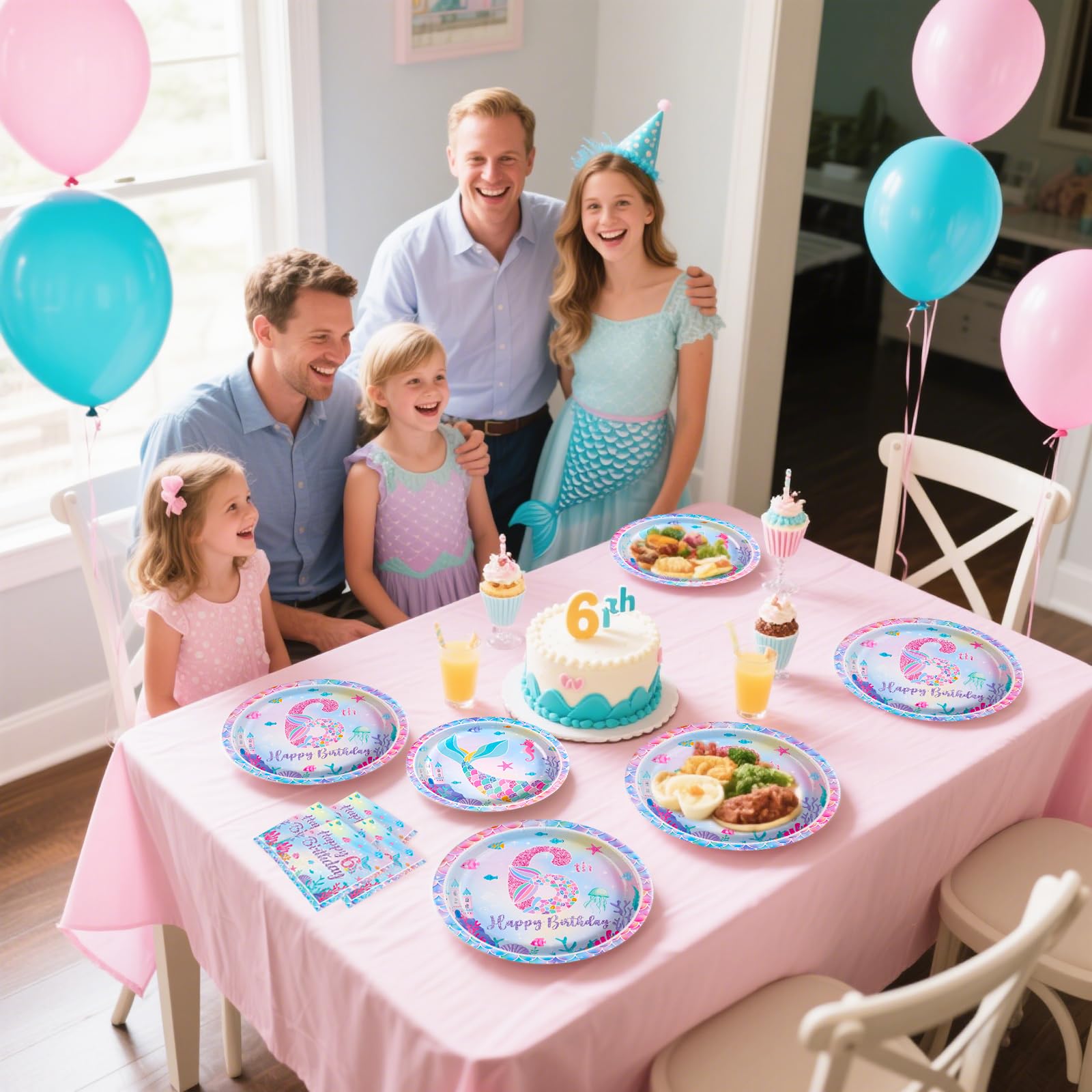 96 Pcs Mermaid 6th Birthday Party Plates and Napkins - Grencian