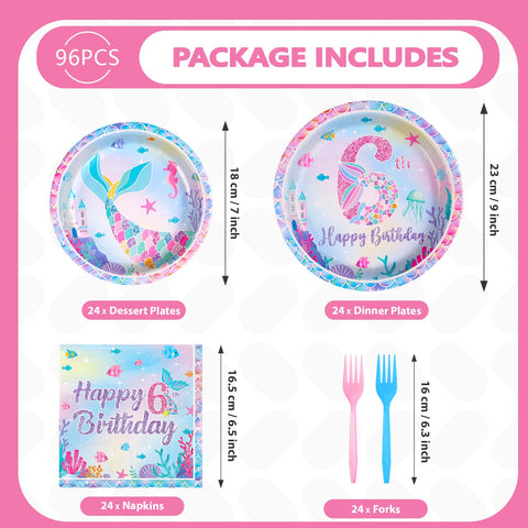 96 Pcs Mermaid 6th Birthday Party Plates and Napkins - Grencian