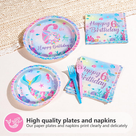 96 Pcs Mermaid 6th Birthday Party Plates and Napkins - Grencian