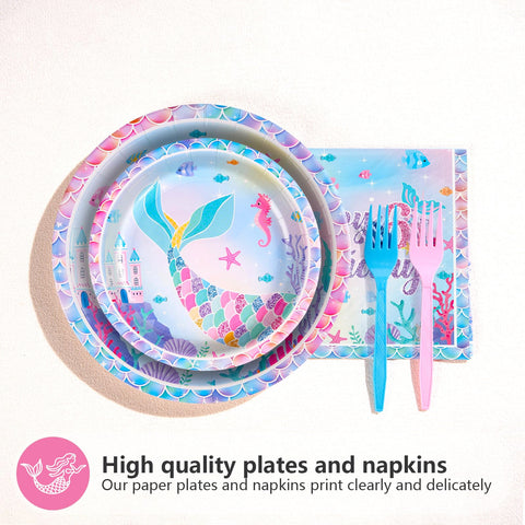 96 Pcs Mermaid 6th Birthday Party Plates and Napkins - Grencian