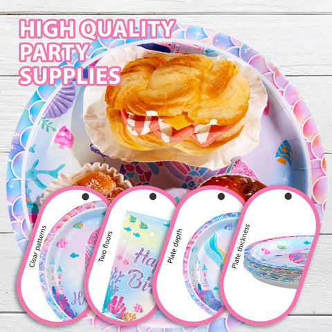 96 Pcs Mermaid 6th Birthday Party Plates and Napkins - Grencian