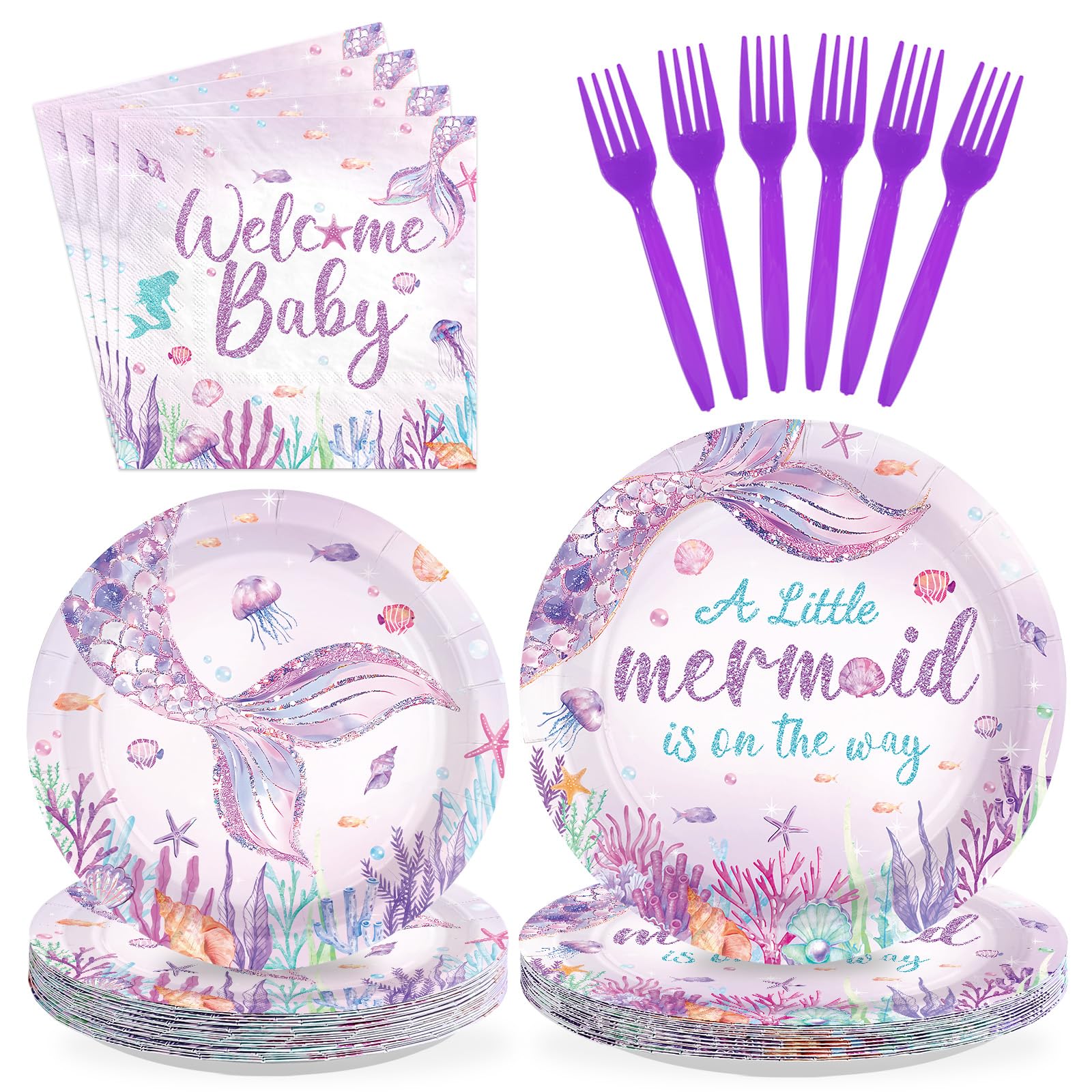 96 Pcs Mermaid Baby Shower Party Plates and Napkins - Grencian