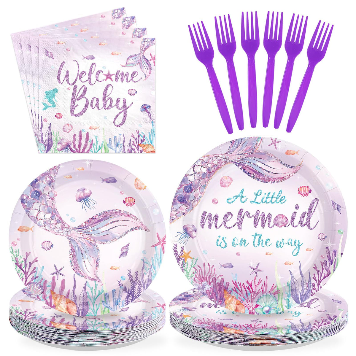 96 Pcs Mermaid Baby Shower Party Plates and Napkins - Grencian