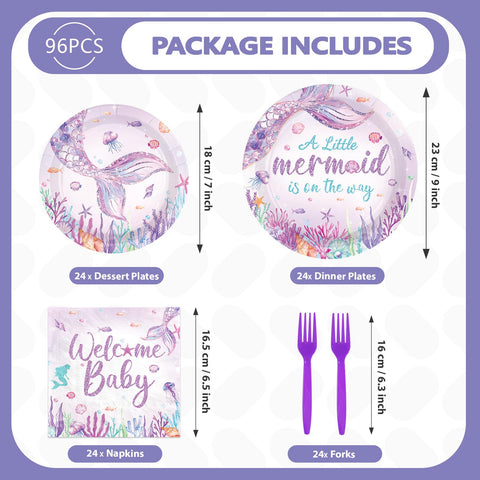 96 Pcs Mermaid Baby Shower Party Plates and Napkins - Grencian