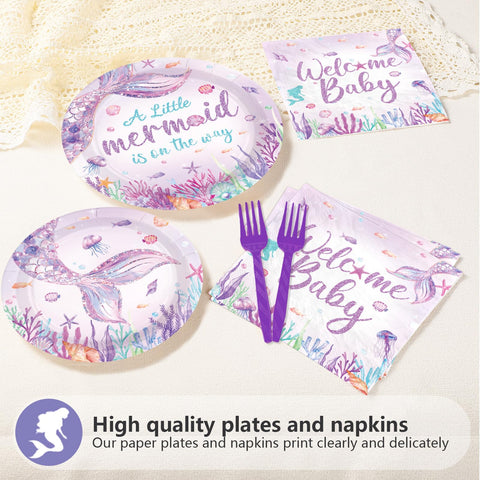 96 Pcs Mermaid Baby Shower Party Plates and Napkins - Grencian