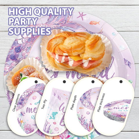 96 Pcs Mermaid Baby Shower Party Plates and Napkins - Grencian