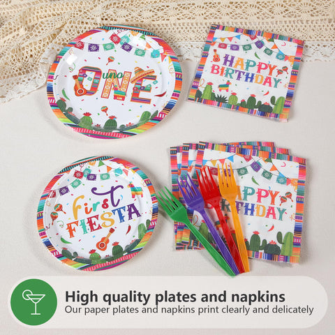 96 Pcs Mexican Fiesta 1st Birthday Party Plates and Napkins - Grencian