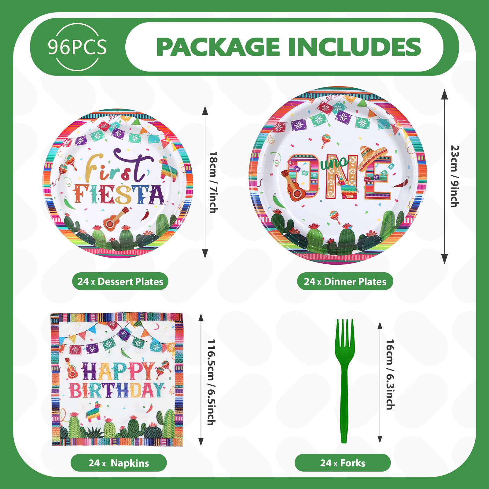 96 Pcs Mexican Fiesta 1st Birthday Party Plates and Napkins - Grencian
