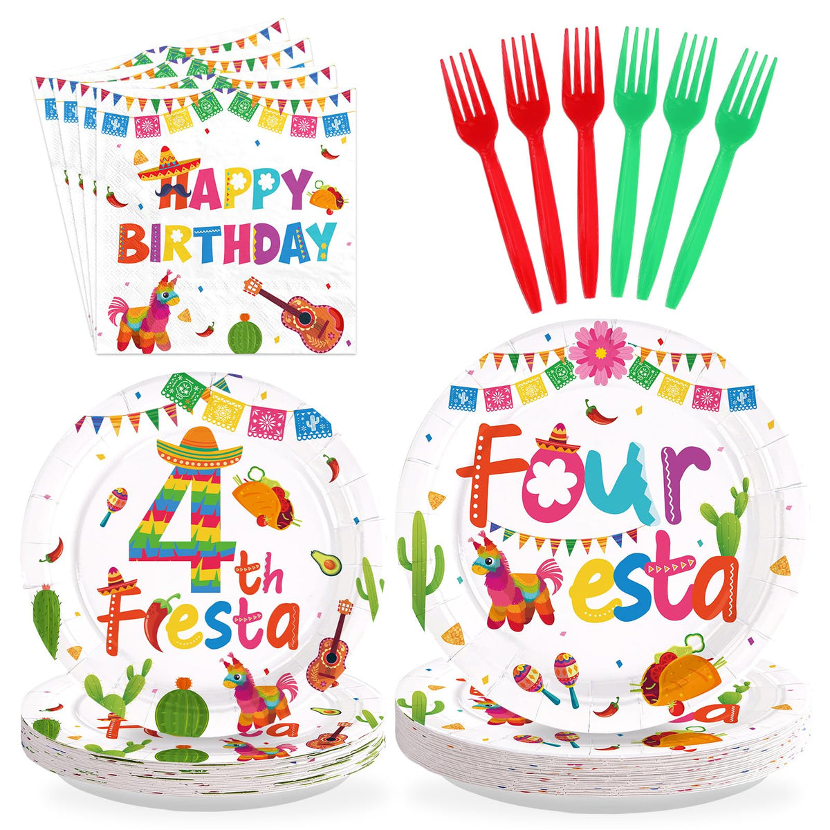 96 Pcs Mexican Fiesta 4th Birthday Party Plates and Napkins - Grencian