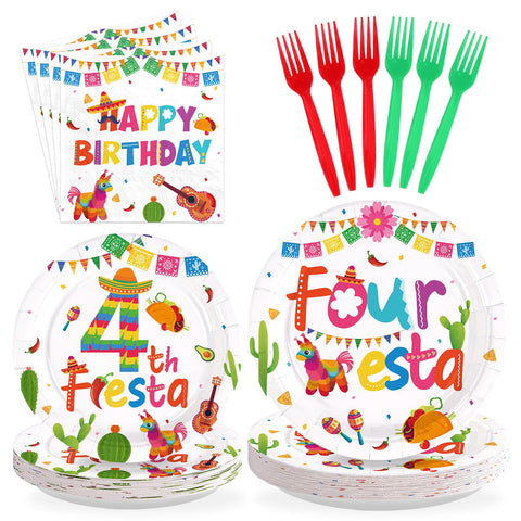 96 Pcs Mexican Fiesta 4th Birthday Party Plates and Napkins - Grencian