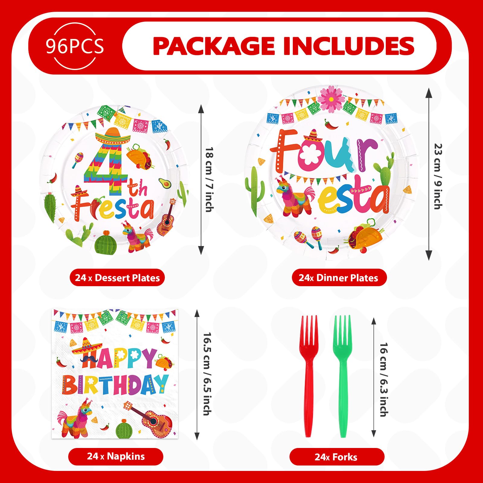 96 Pcs Mexican Fiesta 4th Birthday Party Plates and Napkins - Grencian