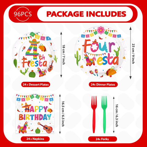 96 Pcs Mexican Fiesta 4th Birthday Party Plates and Napkins - Grencian