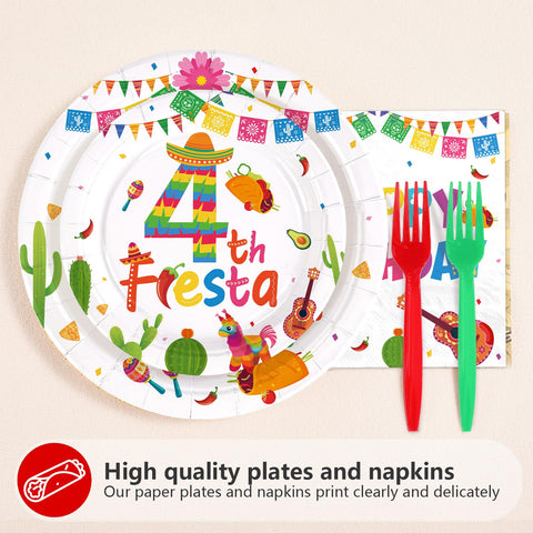 96 Pcs Mexican Fiesta 4th Birthday Party Plates and Napkins - Grencian