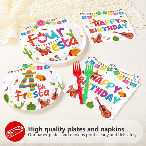 96 Pcs Mexican Fiesta 4th Birthday Party Plates and Napkins - Grencian