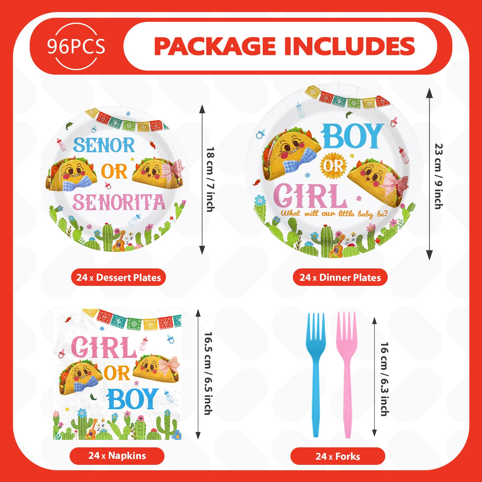 96 Pcs Mexican Gender Reveal Party Plates and Napkins - Grencian
