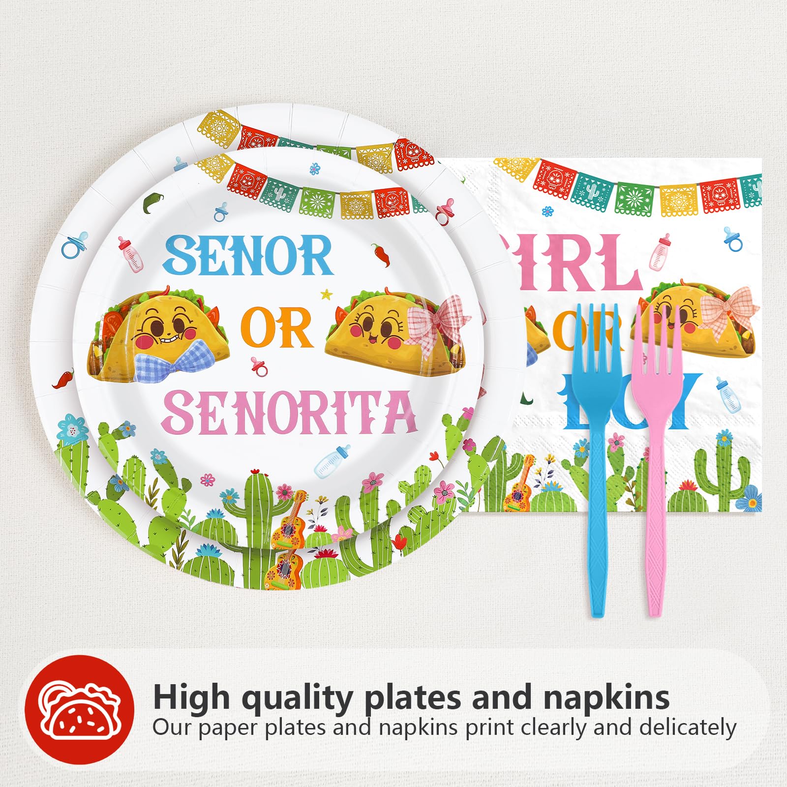 96 Pcs Mexican Gender Reveal Party Plates and Napkins - Grencian
