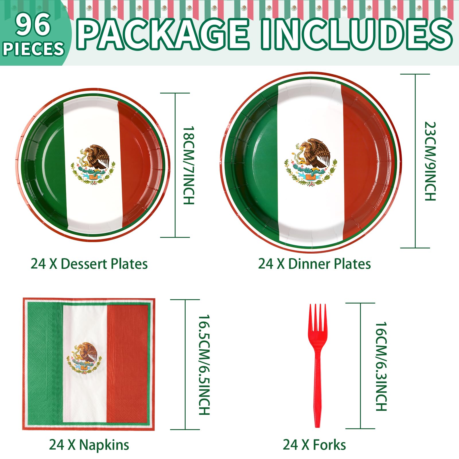96 Pcs Mexico Flag Party Plates and Napkins - Grencian