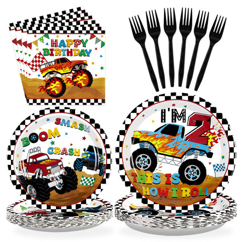 96 Pcs Monster Truck 2nd Birthday Party Plates and Napkins - Grencian