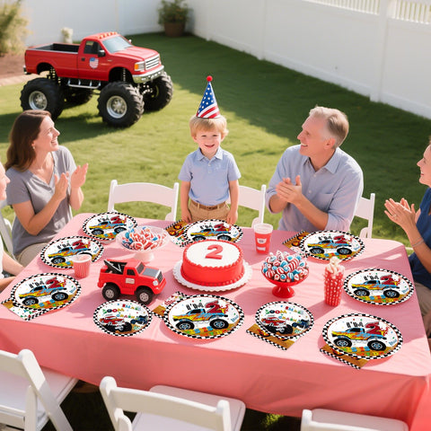 96 Pcs Monster Truck 2nd Birthday Party Plates and Napkins - Grencian