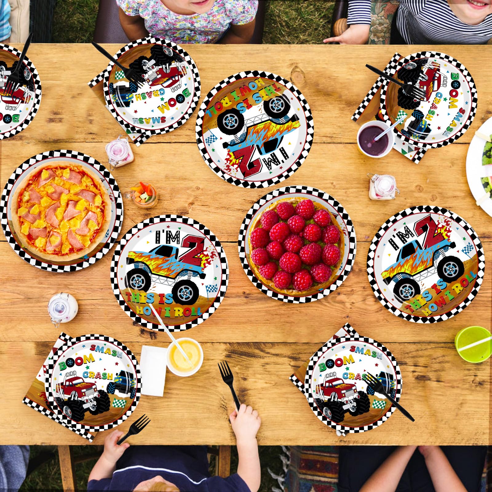 96 Pcs Monster Truck 2nd Birthday Party Plates and Napkins - Grencian