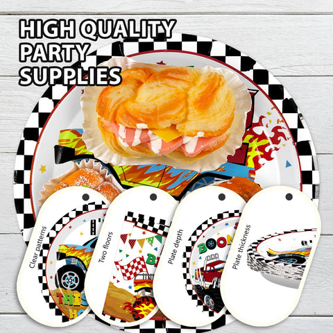 96 Pcs Monster Truck 2nd Birthday Party Plates and Napkins - Grencian