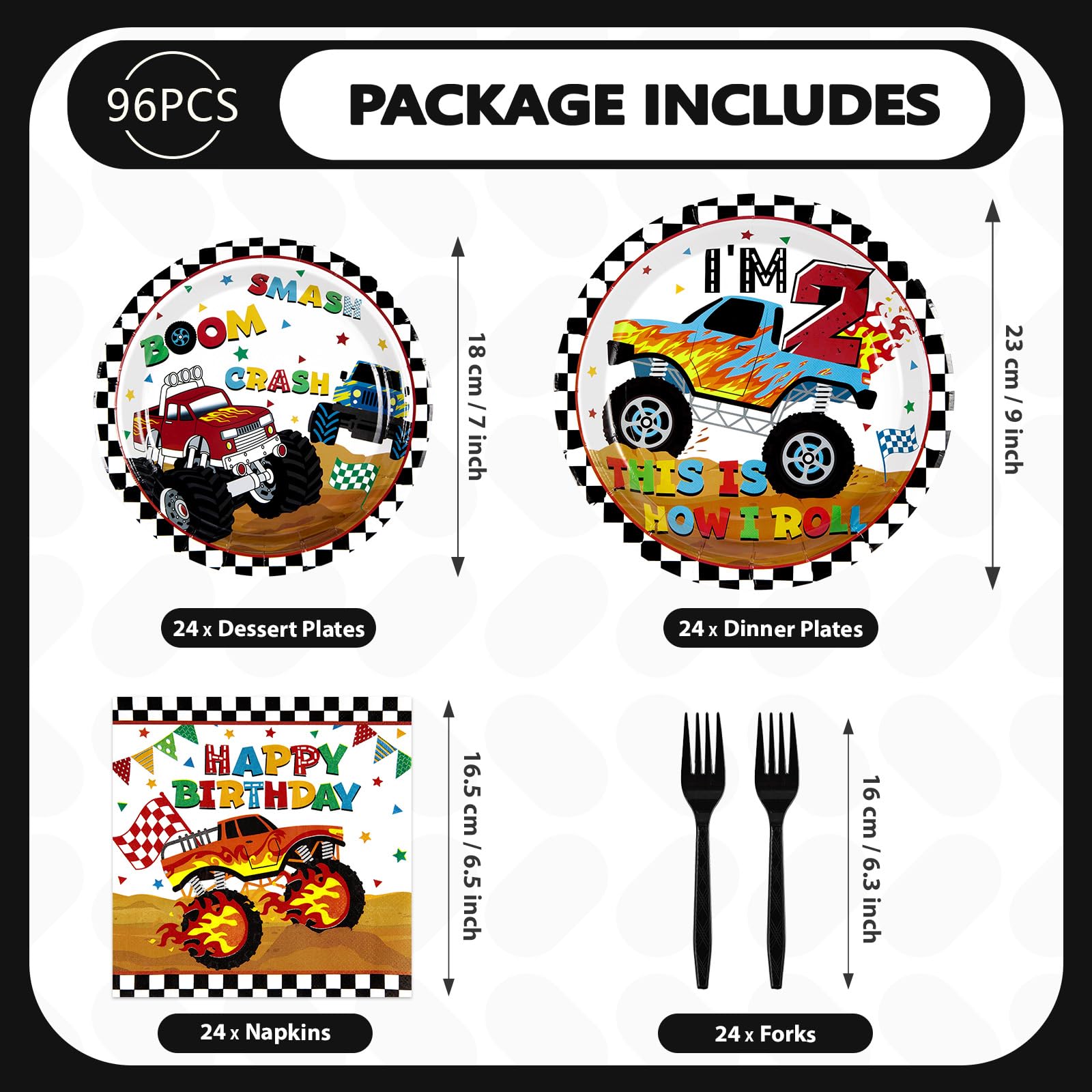 96 Pcs Monster Truck 2nd Birthday Party Plates and Napkins - Grencian
