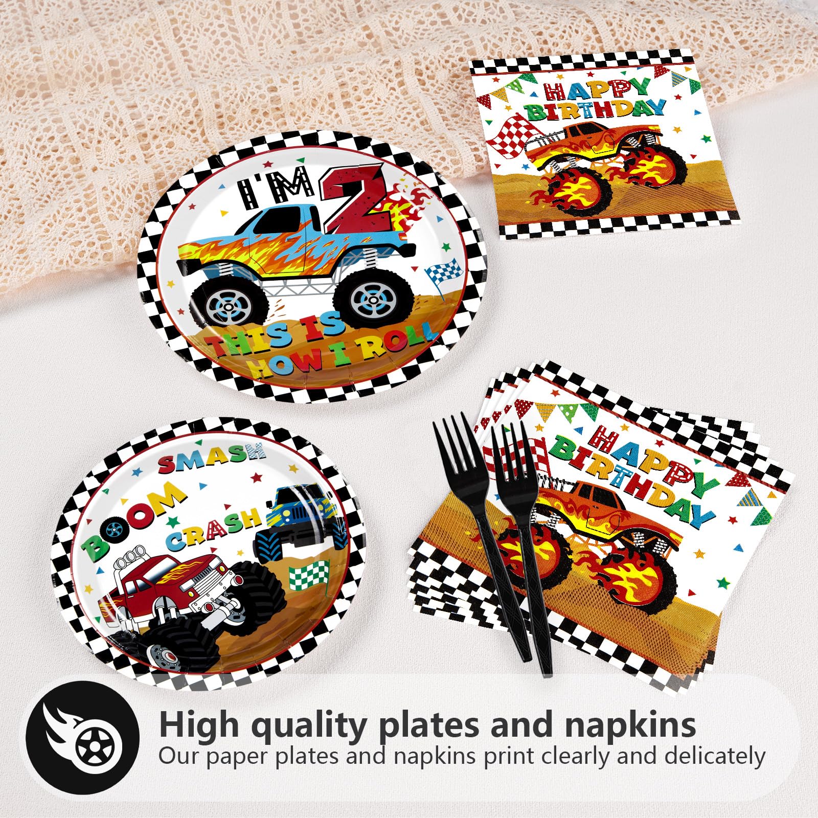 96 Pcs Monster Truck 2nd Birthday Party Plates and Napkins - Grencian