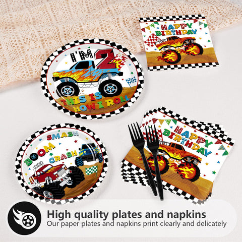 96 Pcs Monster Truck 2nd Birthday Party Plates and Napkins - Grencian