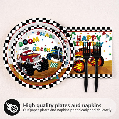96 Pcs Monster Truck 2nd Birthday Party Plates and Napkins - Grencian