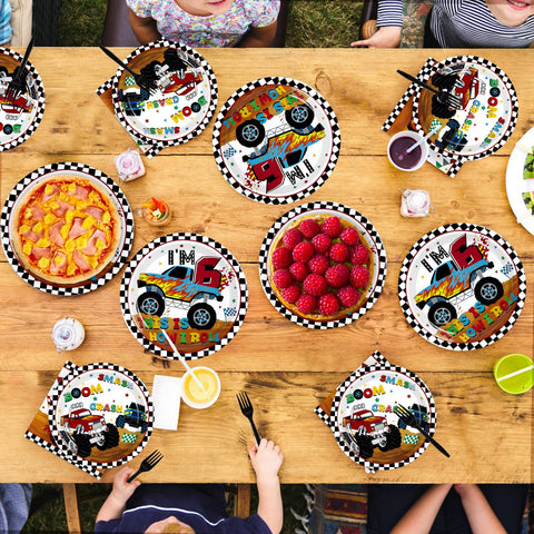 96 Pcs Monster Truck 6th Birthday Party Plates and Napkins - Grencian