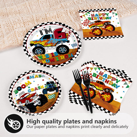 96 Pcs Monster Truck 6th Birthday Party Plates and Napkins - Grencian