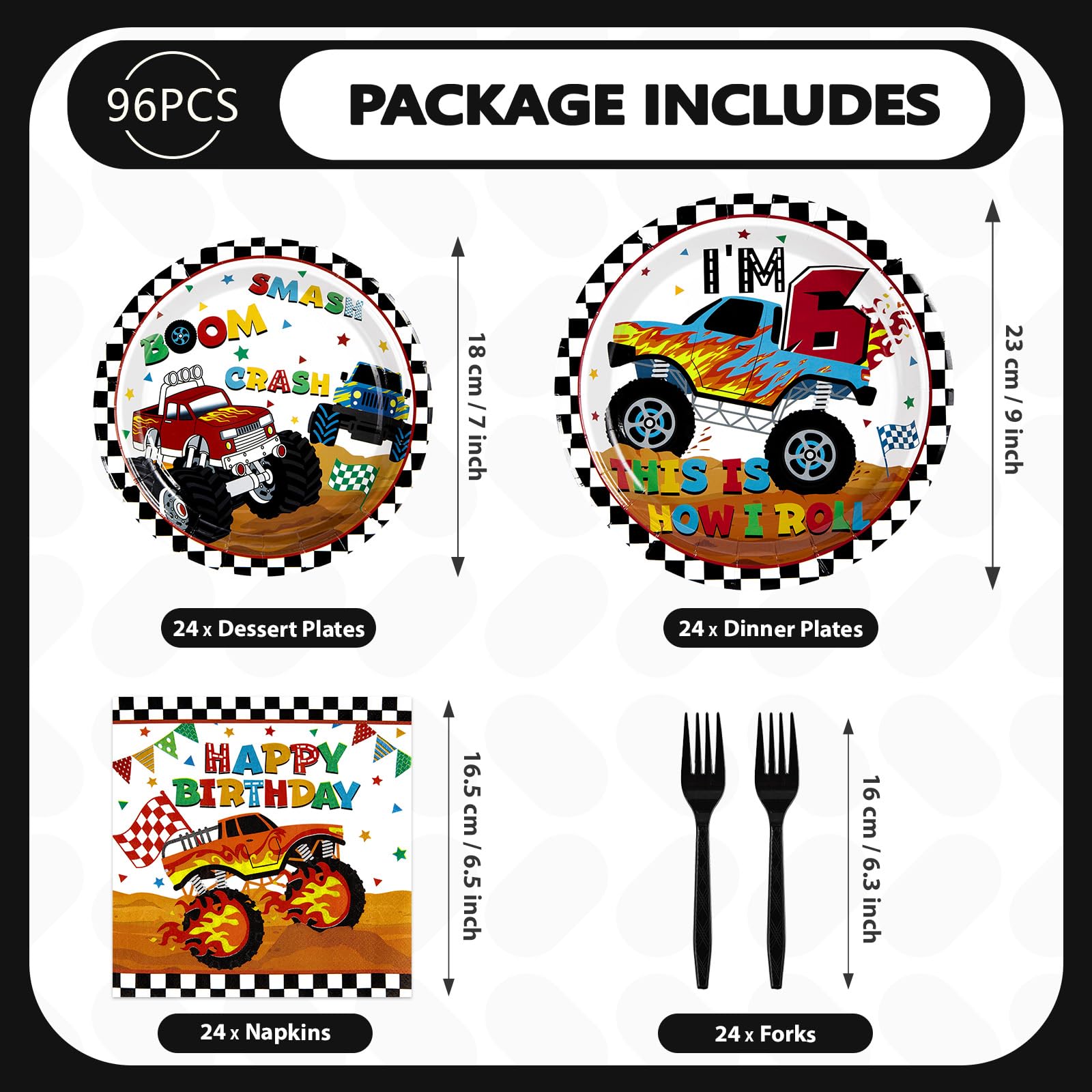 96 Pcs Monster Truck 6th Birthday Party Plates and Napkins - Grencian