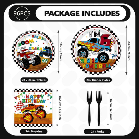 96 Pcs Monster Truck 6th Birthday Party Plates and Napkins - Grencian