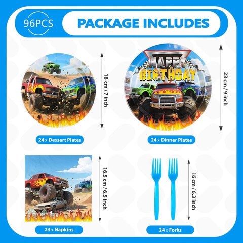 96 Pcs Monster Truck Birthday Party Plates and Napkins - Grencian