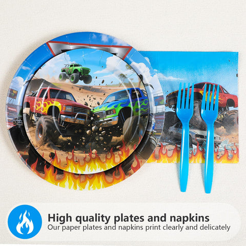 96 Pcs Monster Truck Birthday Party Plates and Napkins - Grencian