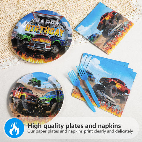 96 Pcs Monster Truck Birthday Party Plates and Napkins - Grencian