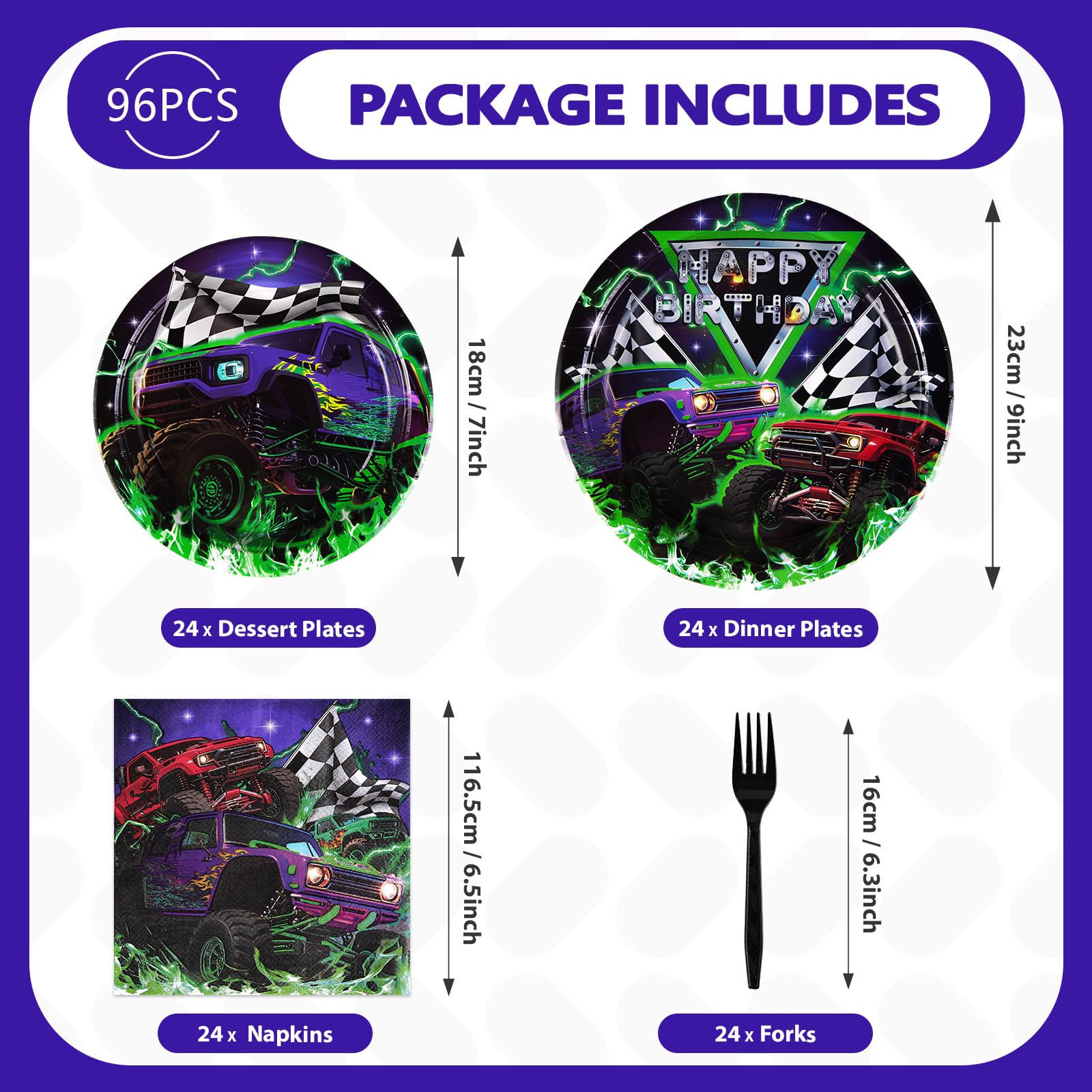 96 Pcs Monster Truck Party Plates and Napkins - Grencian
