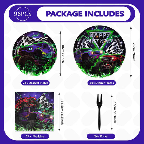 96 Pcs Monster Truck Party Plates and Napkins - Grencian
