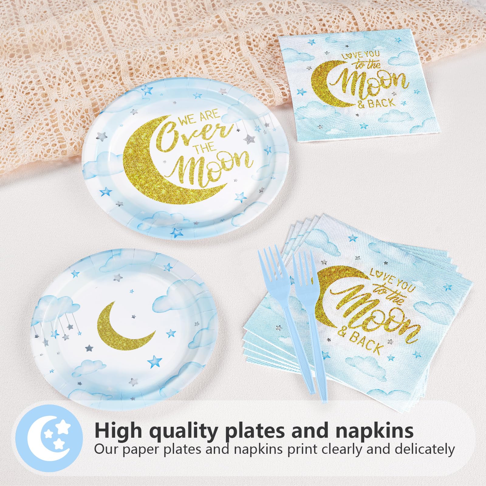 96 Pcs Moon Baby Shower Party Plates and Napkins - Grencian