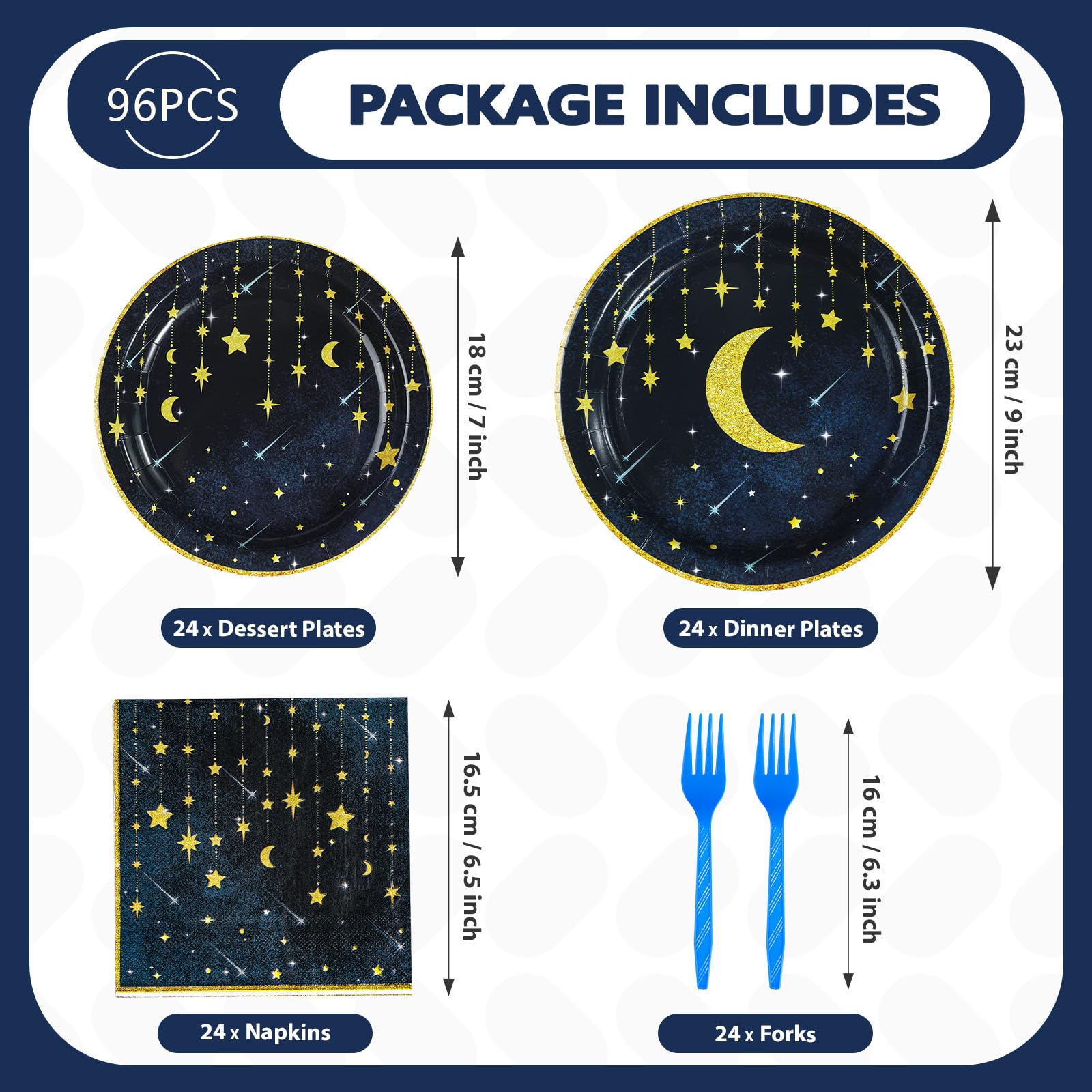 96 Pcs Moon and Stars Party Plates and Napkins - Grencian