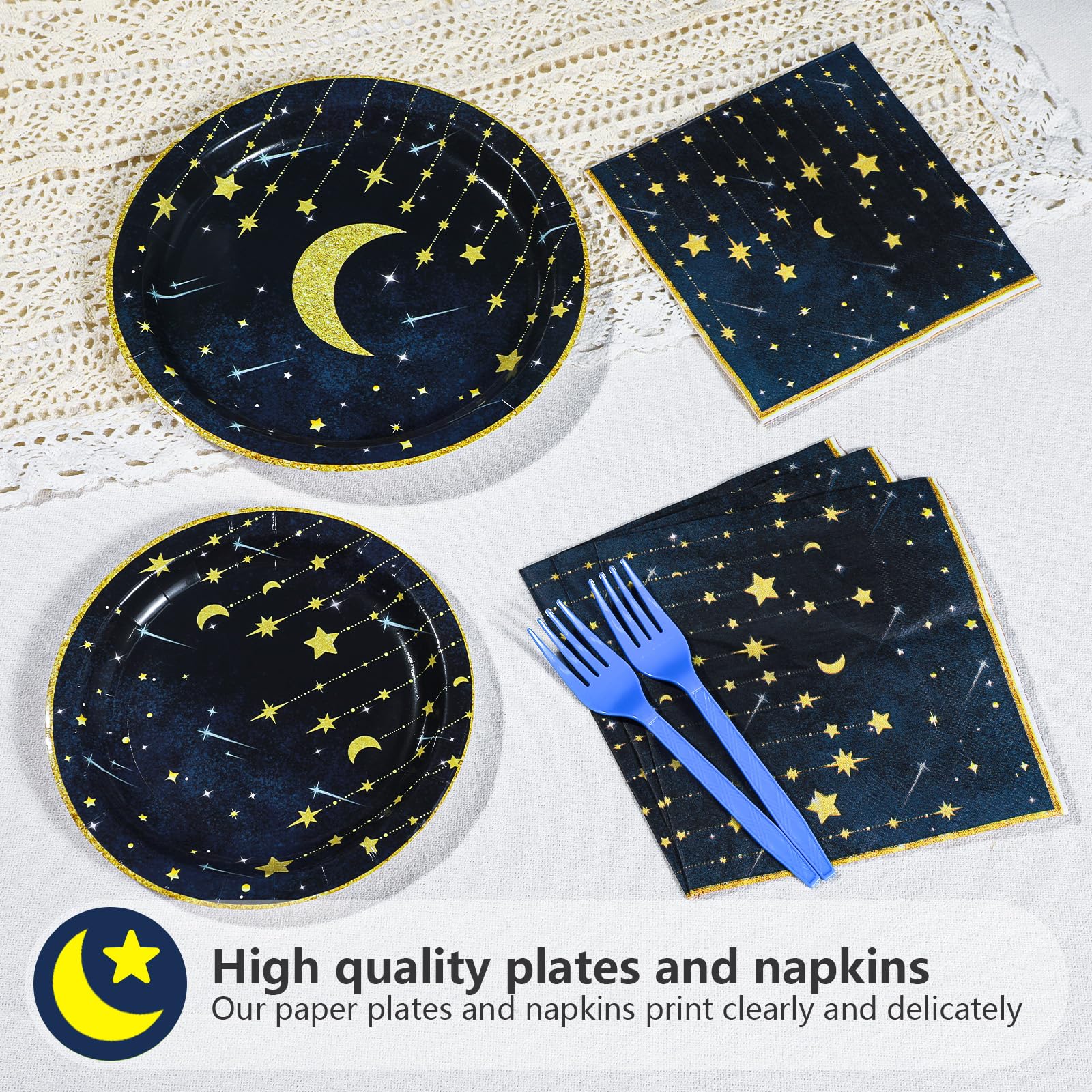 96 Pcs Moon and Stars Party Plates and Napkins - Grencian